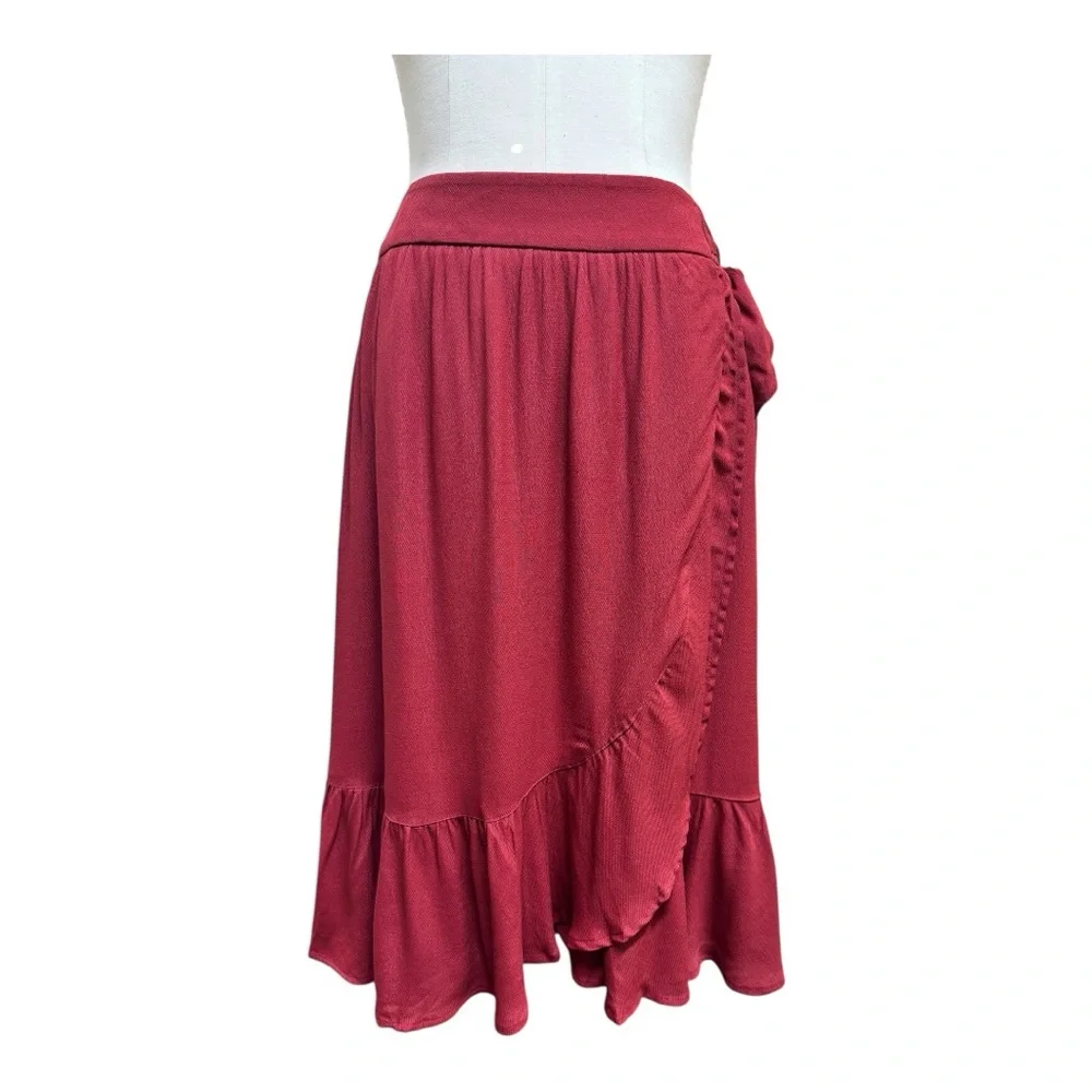 NWT LOFT Deep Red Ruffle Faux Wrap Skirt, Size 6, Burgundy, midi, flounce - Picture 4 of 15